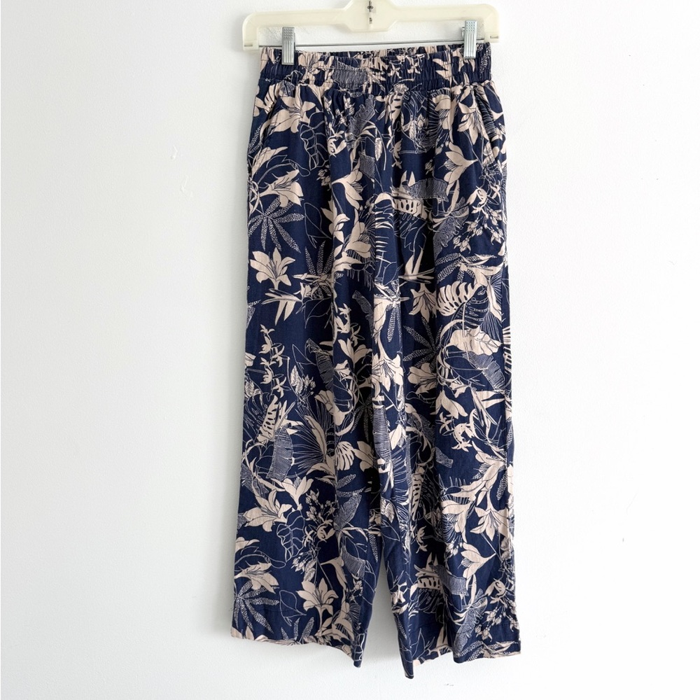 Panama Jack Blue & Tan Tropical Floral Linen Wide Leg Pants